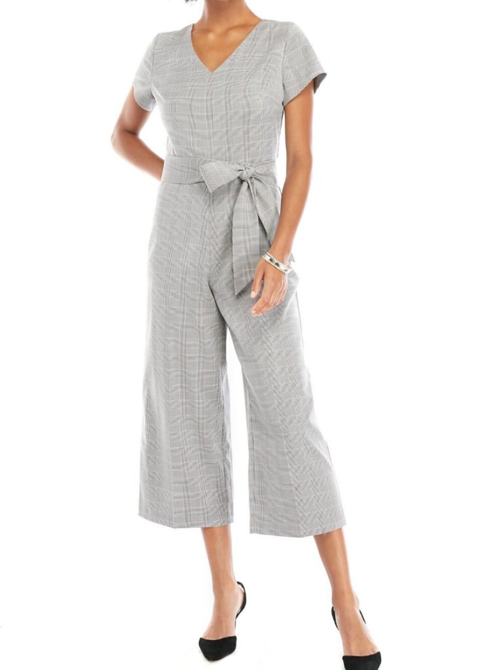 The Limited Glen Plaid Wide Leg Jumpsuit Gray Tie Waist V Neck NWT Size 4